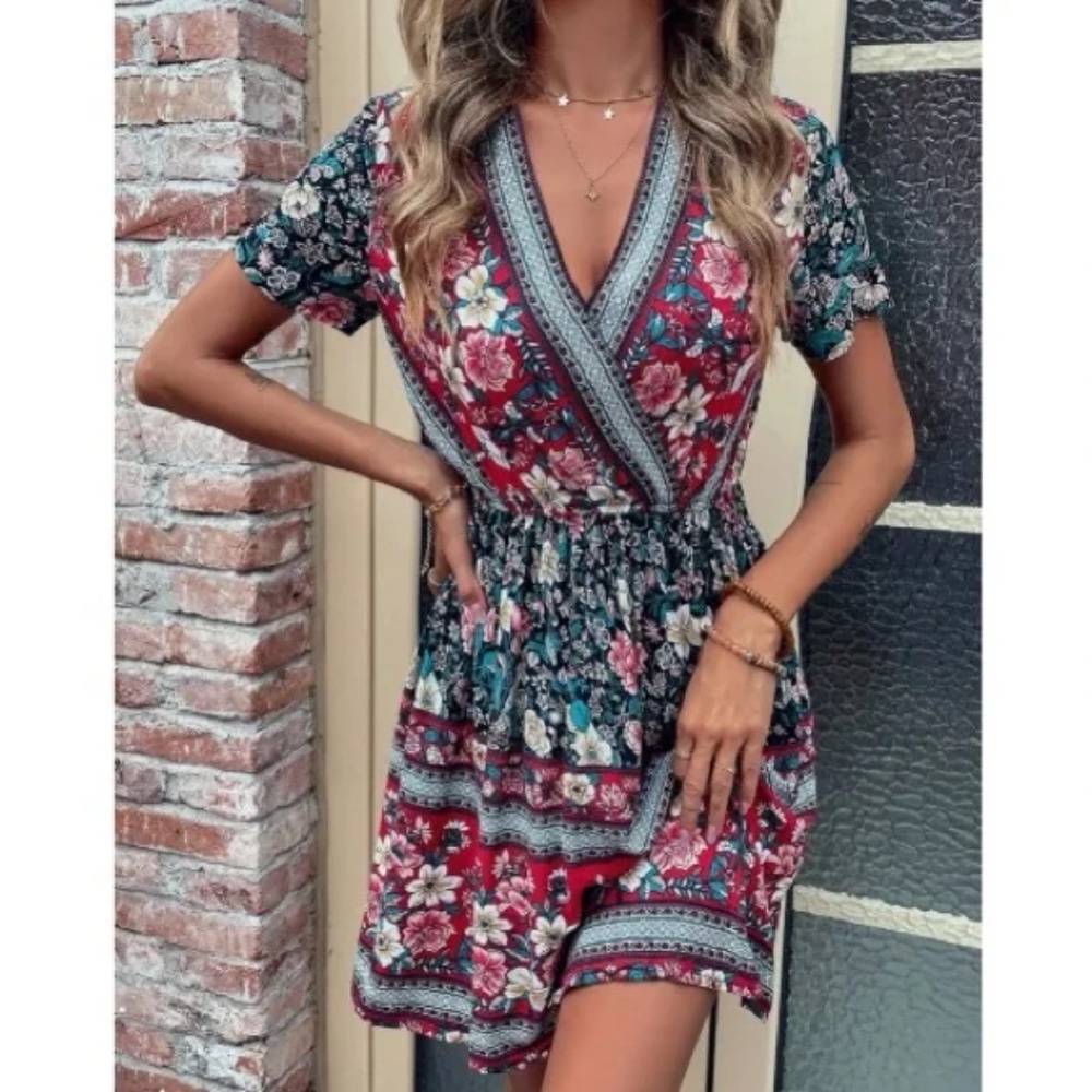 Boho Floral Print Short Sleeve Cottagecore Mini Dress - Picture 13 of 16